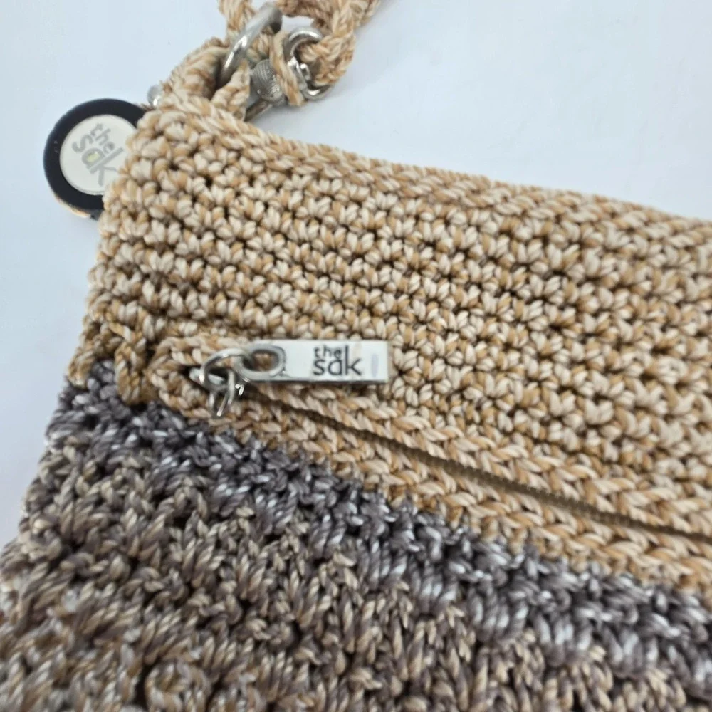 The Sak Crochet Shoulder Bag Tan Brown Striped Boho Purse Detachable Straps